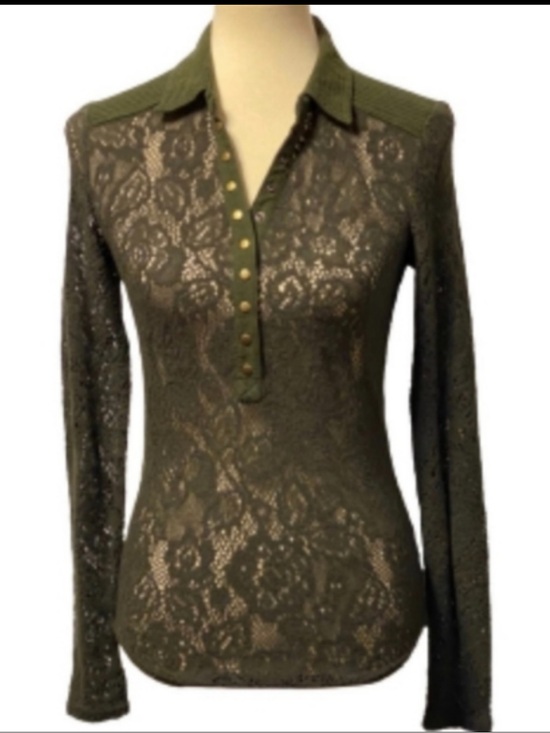 Free People Tops - Free People Olive Green Lace Button-Front Polo Shirt
